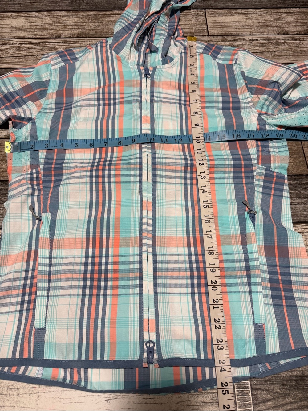Coolibar Women's Plaid Hooded Sun Jacket - Aqua/Coral/Gray - Picture 2 of 10